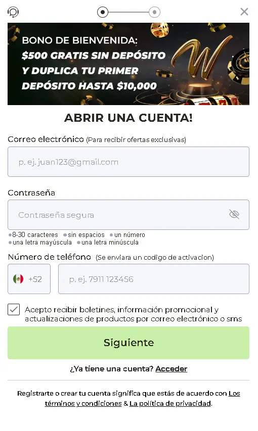 Registro en Casino Winpot