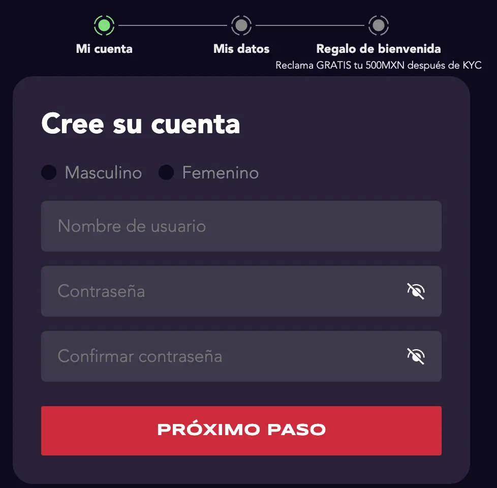 Formulario de registro en Mexplay